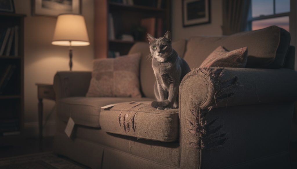 découvrez comment j'ai compris le vrai message caché derrière les griffures nocturnes de mon chat sur le canapé.